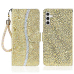 For Samsung Galaxy A24 4G (162.1 x 77.6 x 8.3mm) Glitter Sparkle Splicing Phone Case PU Leather Stand Wallet Cover with Strap