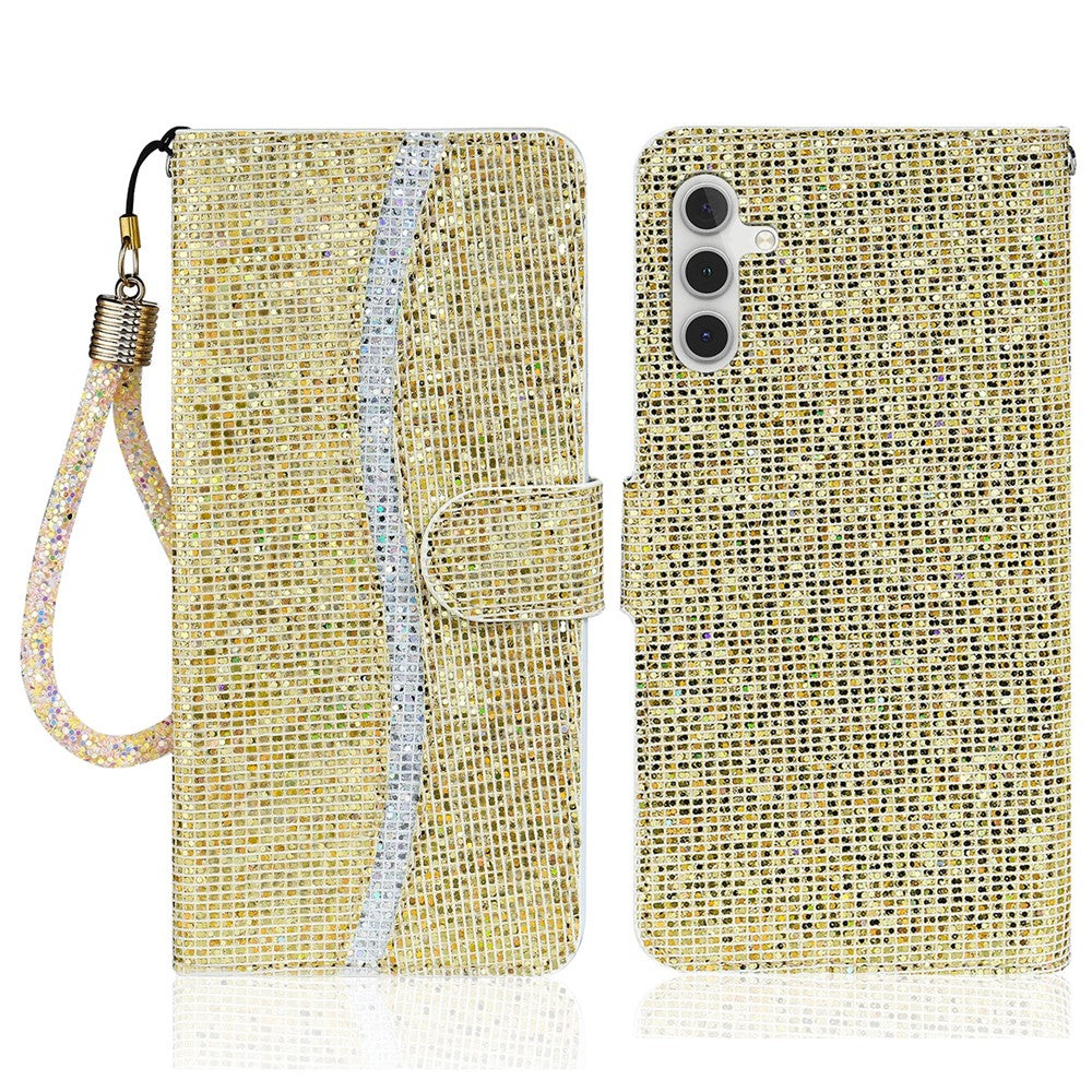 For Samsung Galaxy A24 4G (162.1 x 77.6 x 8.3mm) Glitter Sparkle Splicing Phone Case PU Leather Stand Wallet Cover with Strap