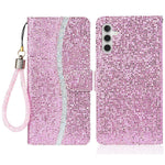 For Samsung Galaxy A24 4G (162.1 x 77.6 x 8.3mm) Glitter Sparkle Splicing Phone Case PU Leather Stand Wallet Cover with Strap