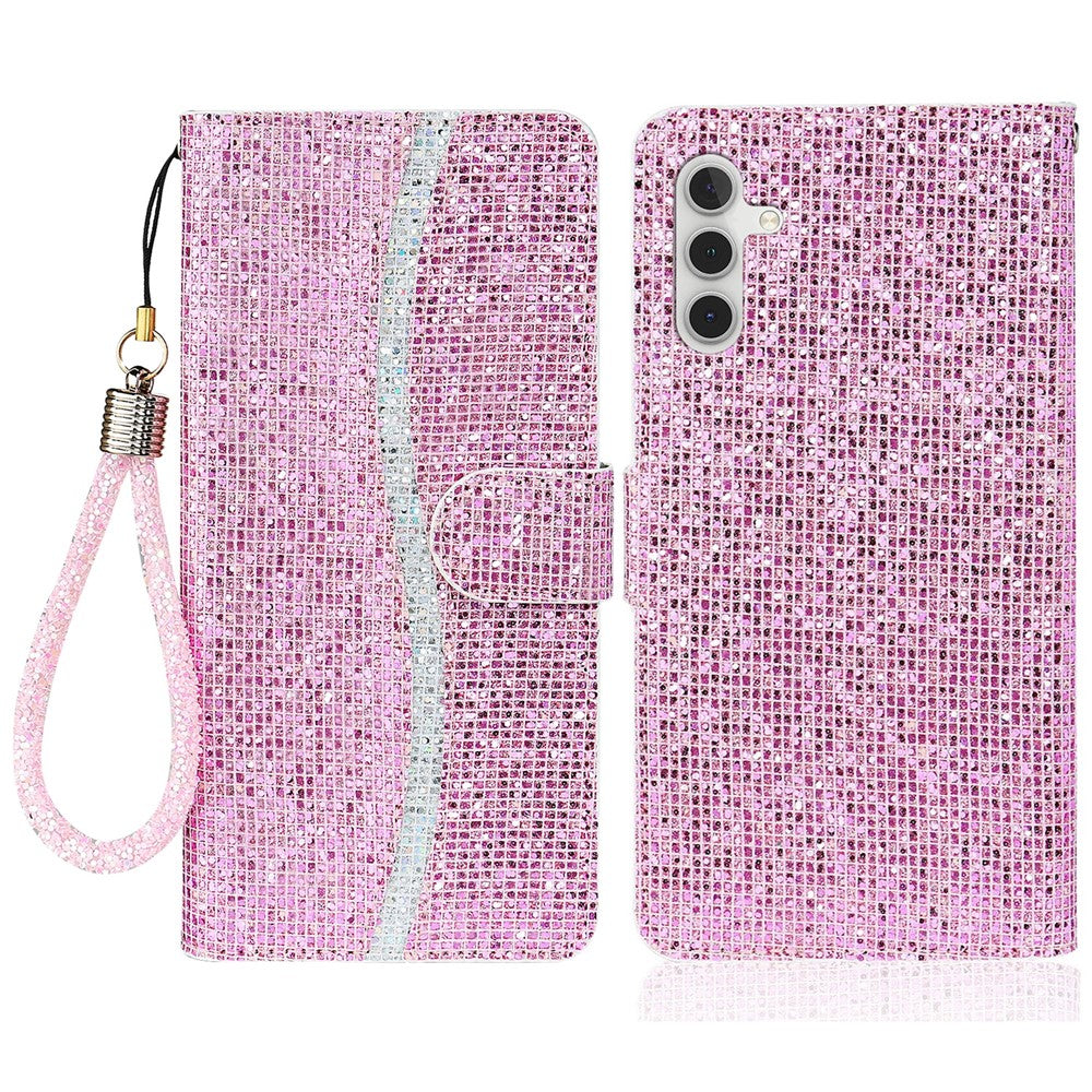 For Samsung Galaxy A24 4G (162.1 x 77.6 x 8.3mm) Glitter Sparkle Splicing Phone Case PU Leather Stand Wallet Cover with Strap