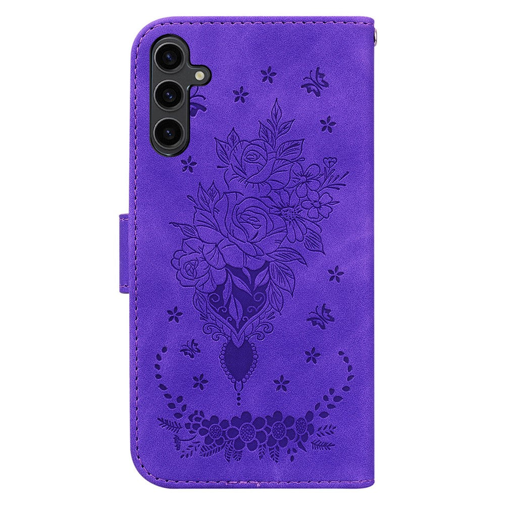 For Samsung Galaxy A24 4G (162.1 x 77.6 x 8.3mm) Magnetic Flip PU Leather Stand Case Rose Butterfly Imprinted Phone Shell Cover