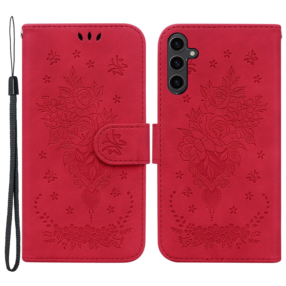 For Samsung Galaxy A24 4G (162.1 x 77.6 x 8.3mm) Magnetic Flip PU Leather Stand Case Rose Butterfly Imprinted Phone Shell Cover