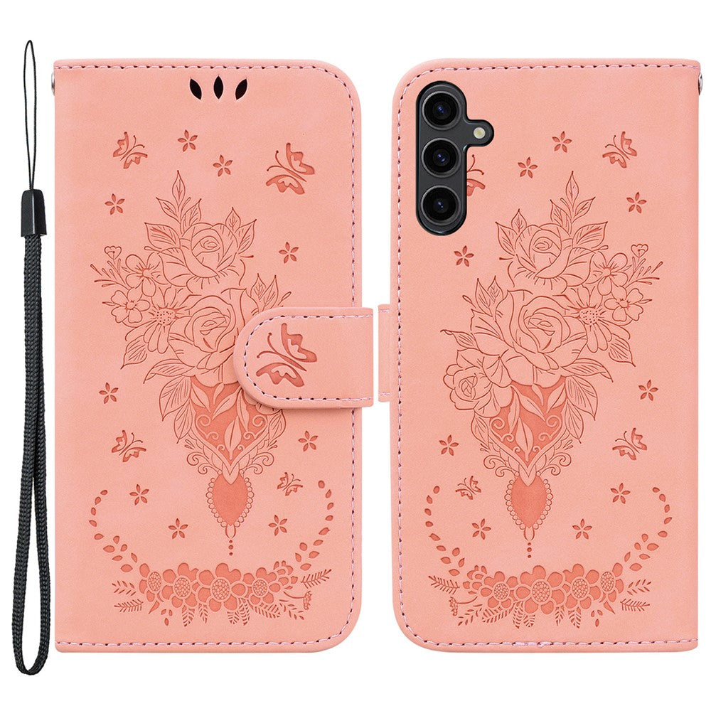 For Samsung Galaxy A24 4G (162.1 x 77.6 x 8.3mm) Magnetic Flip PU Leather Stand Case Rose Butterfly Imprinted Phone Shell Cover