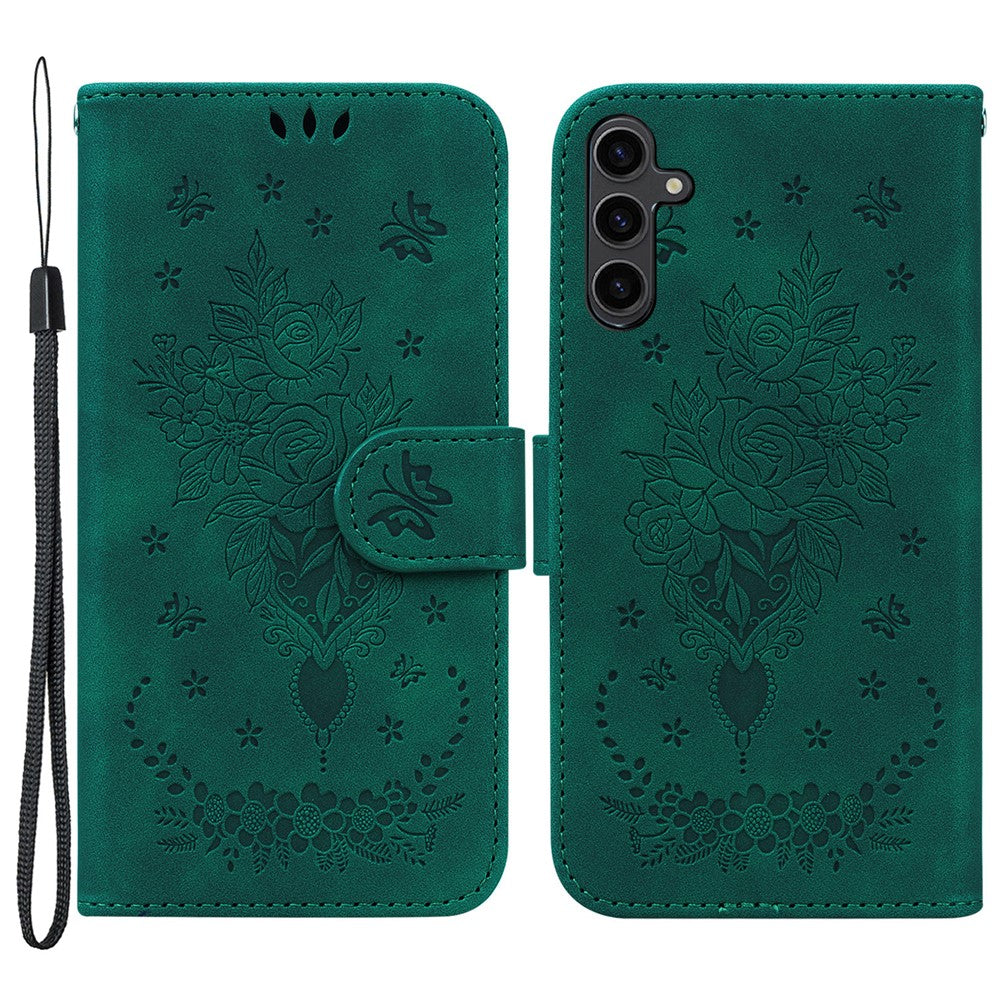For Samsung Galaxy A24 4G (162.1 x 77.6 x 8.3mm) Magnetic Flip PU Leather Stand Case Rose Butterfly Imprinted Phone Shell Cover