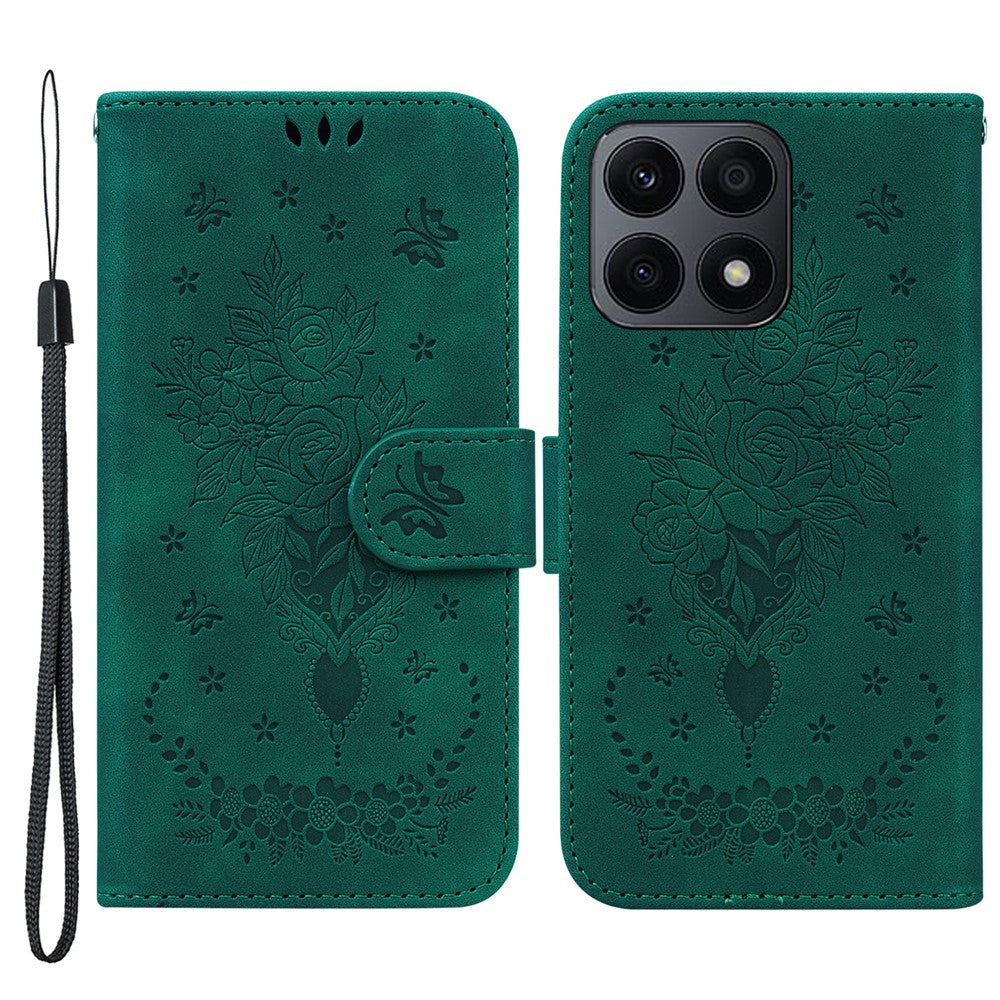 Telefoncover til Honor X8a 4G Læder Flip Cover Rosé Sommerfugl Præget Telefoncover med Pung