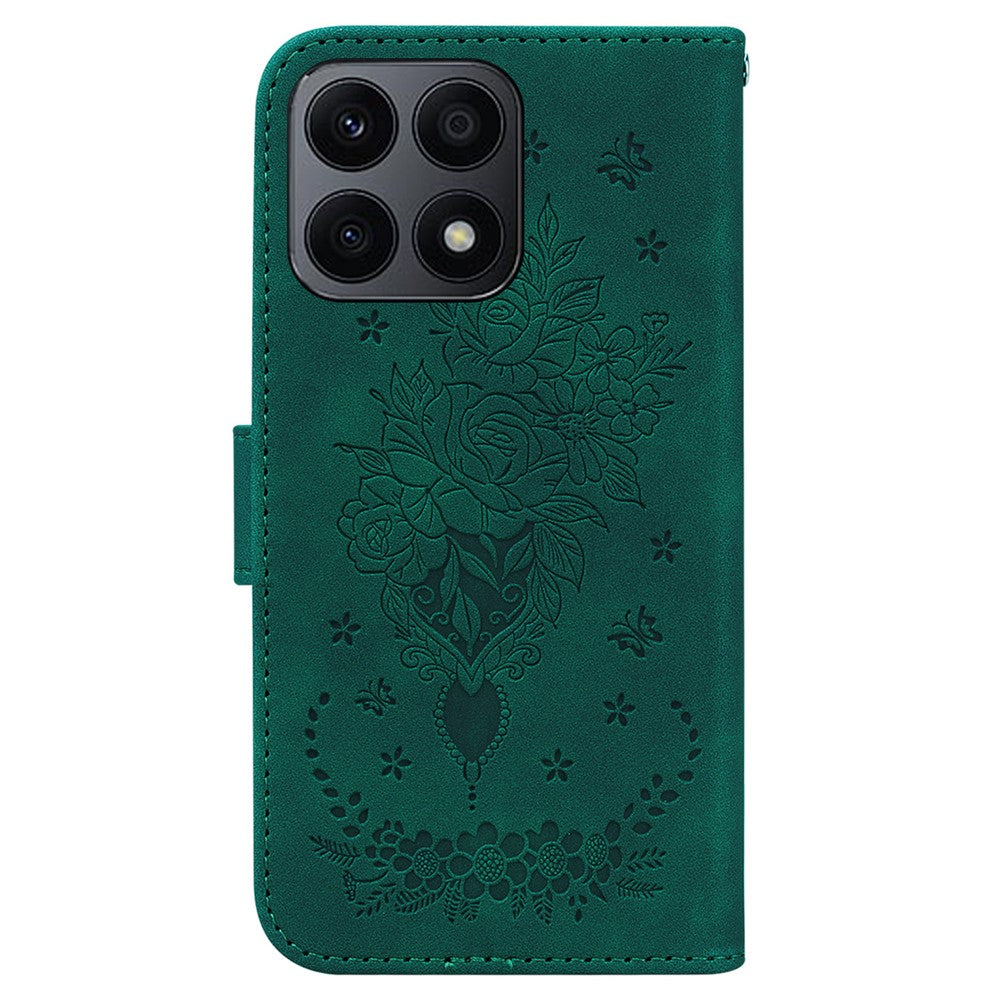 Telefoncover til Honor X8a 4G Læder Flip Cover Rosé Sommerfugl Præget Telefoncover med Pung
