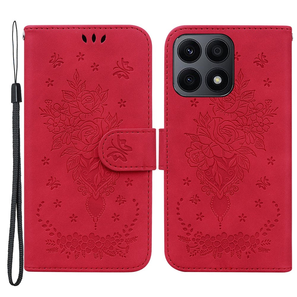Telefoncover til Honor X8a 4G Læder Flip Cover Rosé Sommerfugl Præget Telefoncover med Pung