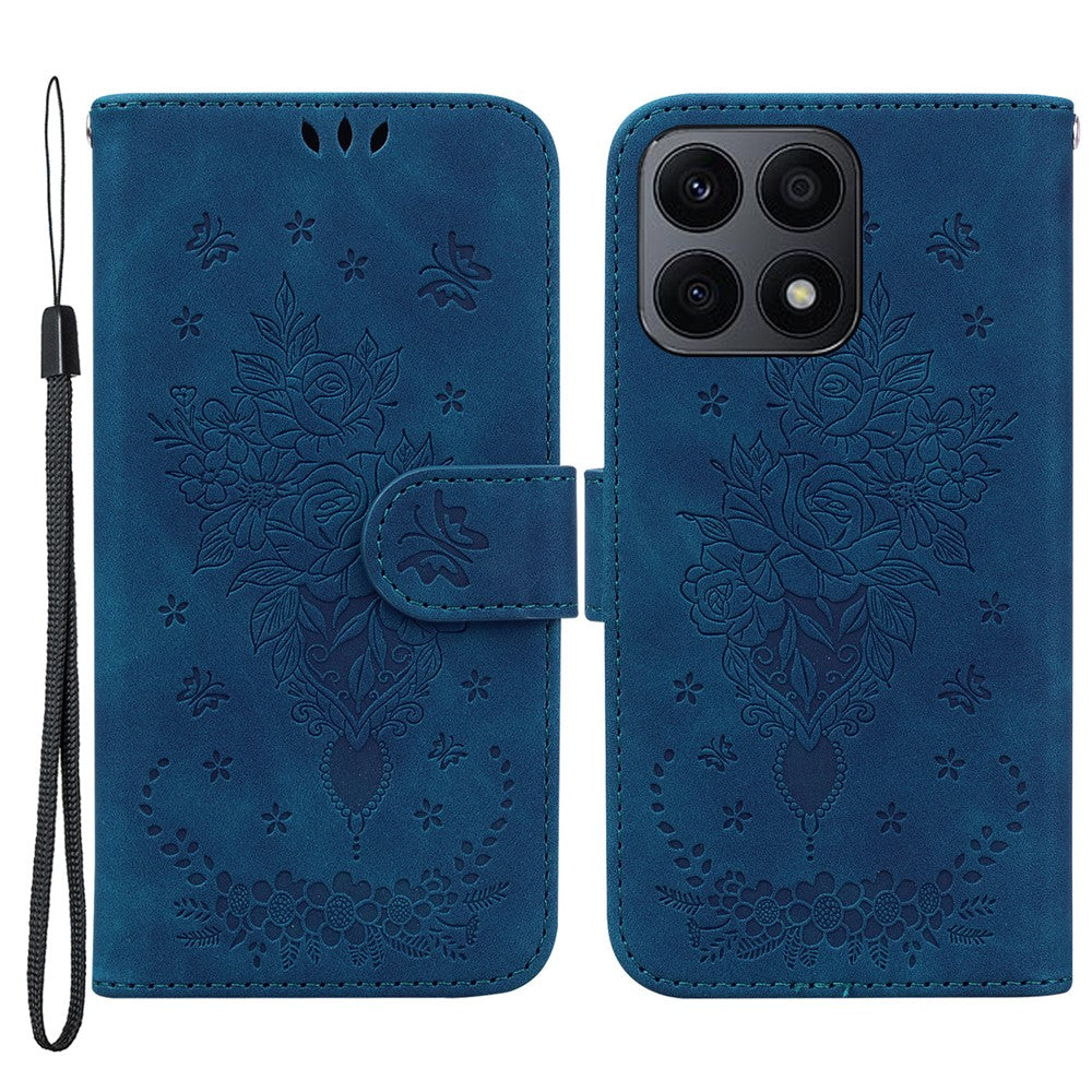 Telefoncover til Honor X8a 4G Læder Flip Cover Rosé Sommerfugl Præget Telefoncover med Pung