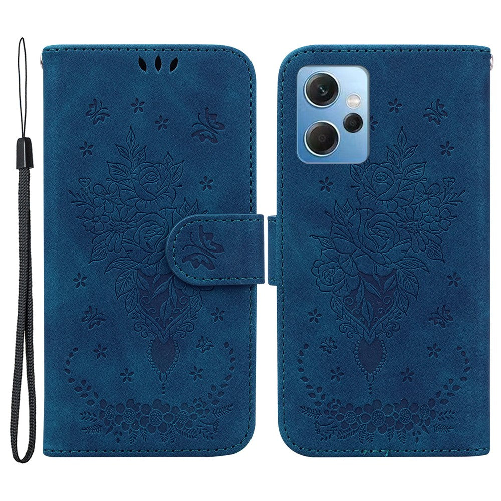 For Xiaomi Redmi Note 12 4G PU Leather Stand Case Rose Butterfly Imprinted Phone Shell Cover