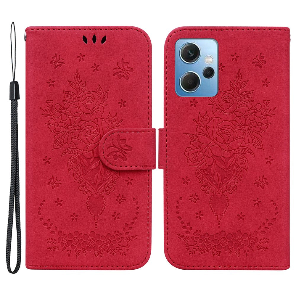 For Xiaomi Redmi Note 12 4G PU Leather Stand Case Rose Butterfly Imprinted Phone Shell Cover