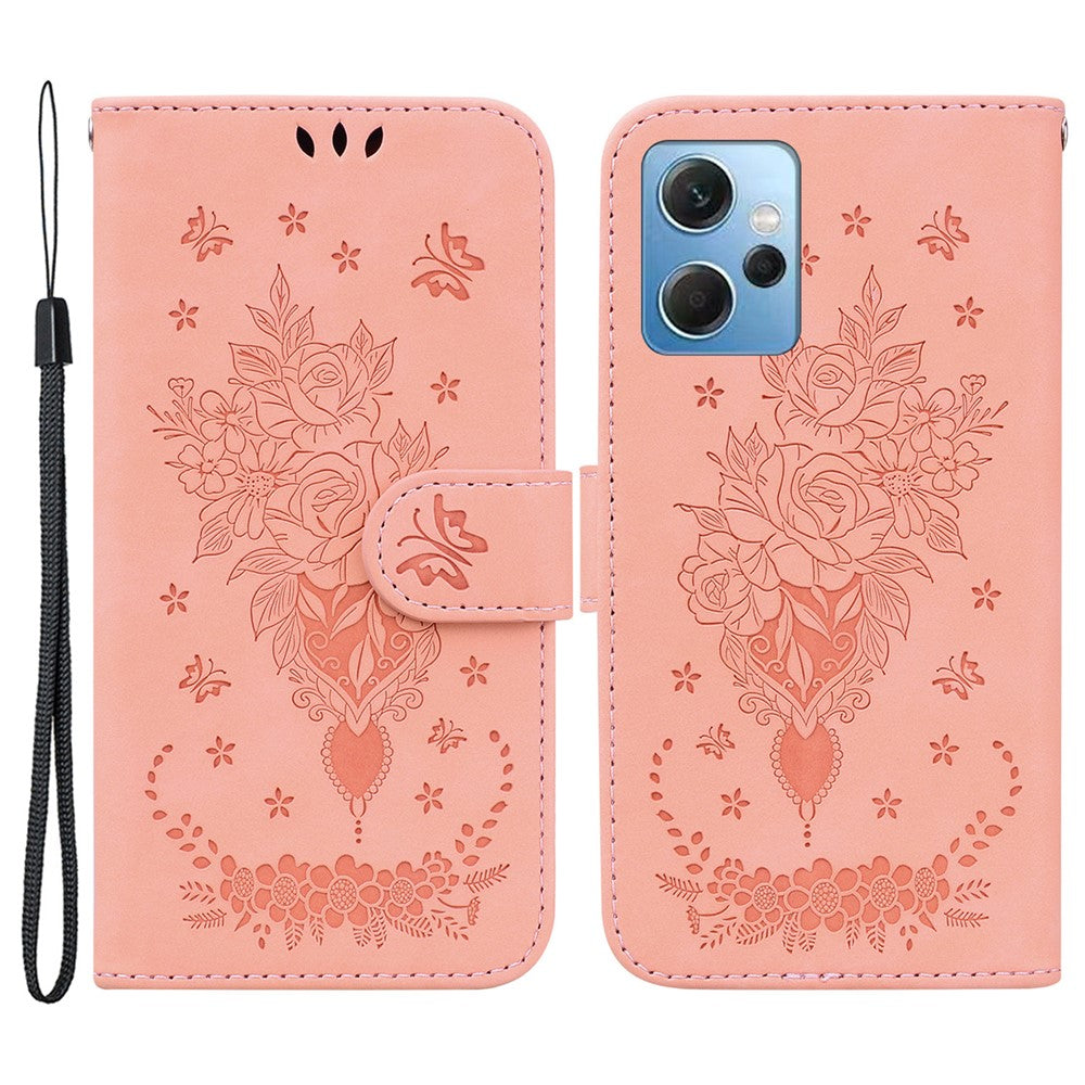 For Xiaomi Redmi Note 12 4G PU Leather Stand Case Rose Butterfly Imprinted Phone Shell Cover