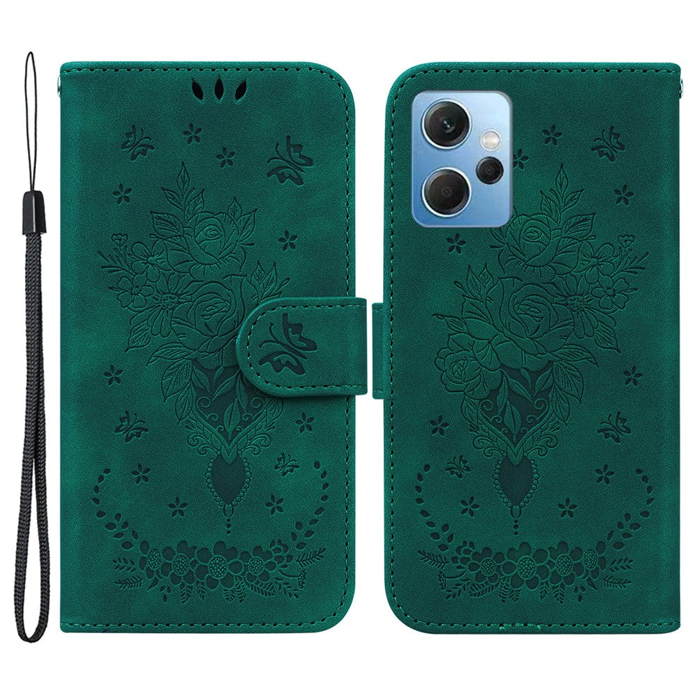 For Xiaomi Redmi Note 12 4G PU Leather Stand Case Rose Butterfly Imprinted Phone Shell Cover