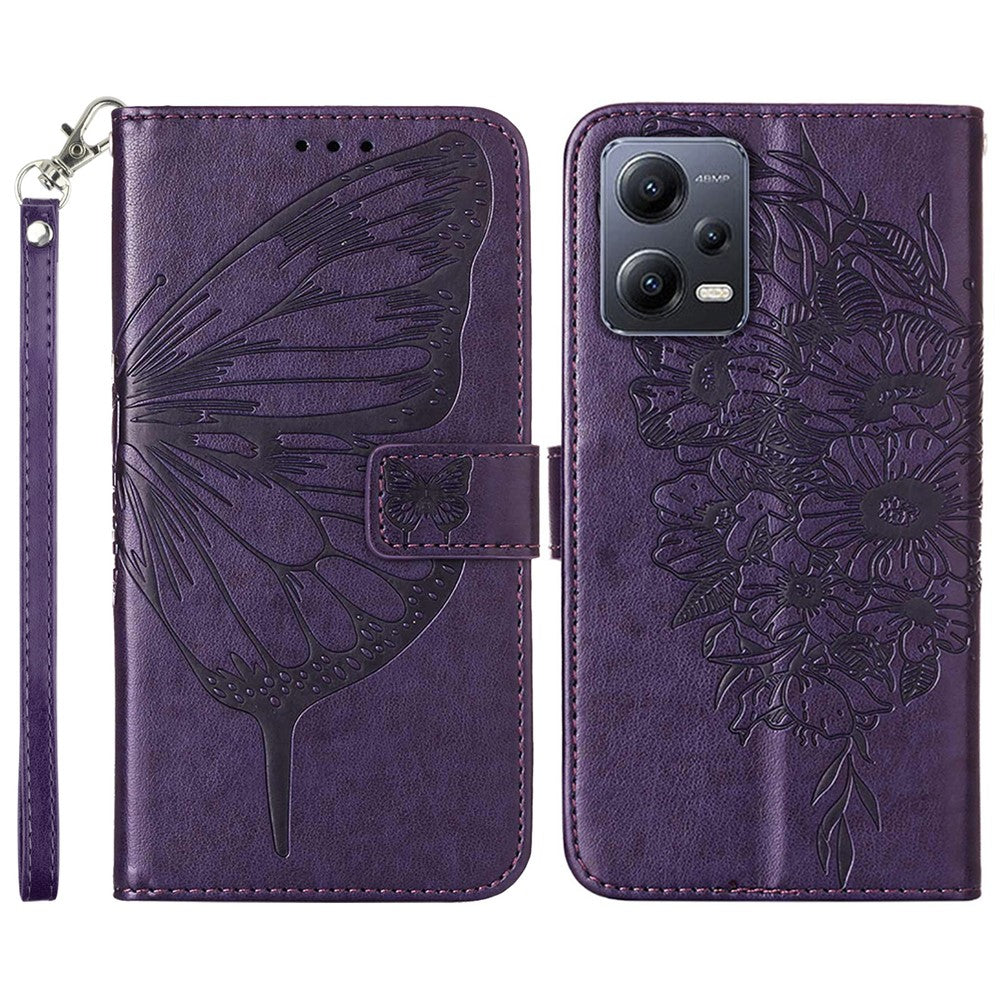 For Xiaomi Redmi Note 12 5G (Global) / (India) / (China) / Poco X5 5G Wallet Case with Wrist Strap Butterfly Imprint Leather Phone Cover