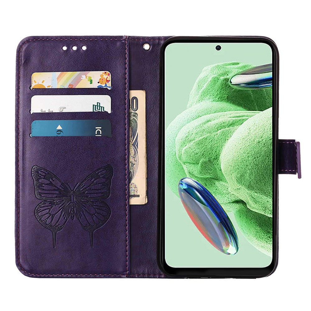 For Xiaomi Redmi Note 12 5G (Global) / (India) / (China) / Poco X5 5G Wallet Case with Wrist Strap Butterfly Imprint Leather Phone Cover