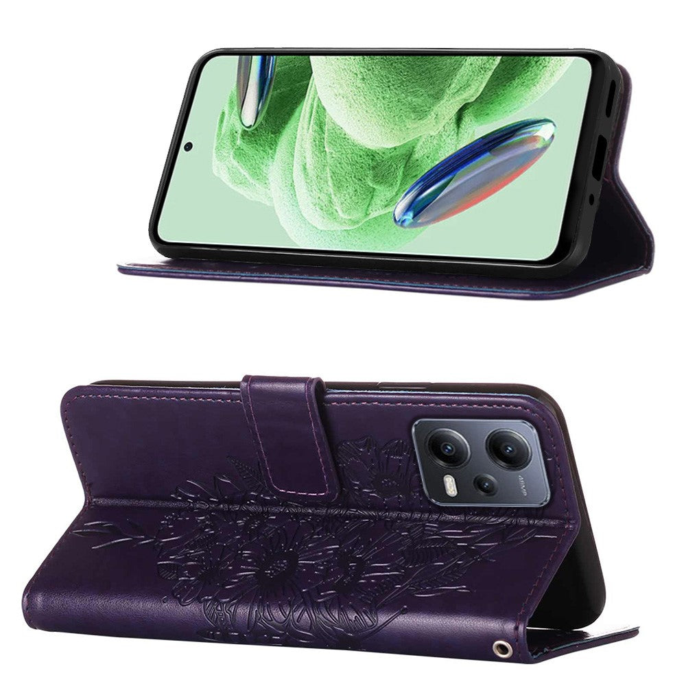 For Xiaomi Redmi Note 12 5G (Global) / (India) / (China) / Poco X5 5G Wallet Case with Wrist Strap Butterfly Imprint Leather Phone Cover