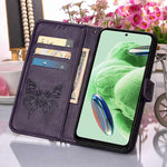 For Xiaomi Redmi Note 12 5G (Global) / (India) / (China) / Poco X5 5G Wallet Case with Wrist Strap Butterfly Imprint Leather Phone Cover