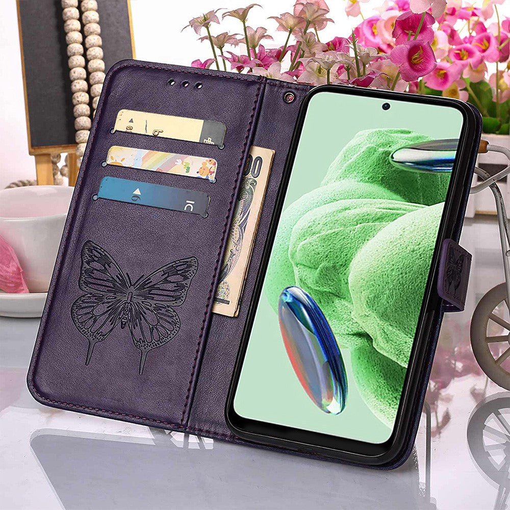 For Xiaomi Redmi Note 12 5G (Global) / (India) / (China) / Poco X5 5G Wallet Case with Wrist Strap Butterfly Imprint Leather Phone Cover