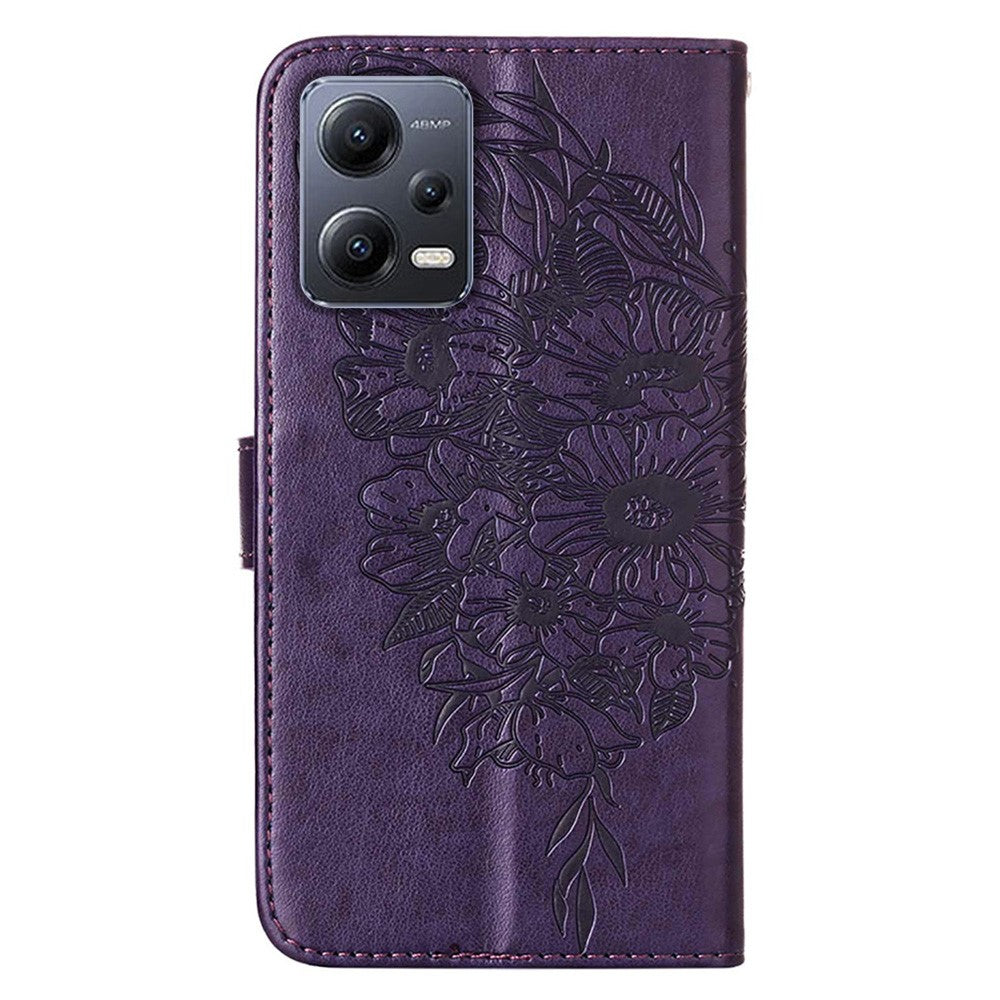 For Xiaomi Redmi Note 12 5G (Global) / (India) / (China) / Poco X5 5G Wallet Case with Wrist Strap Butterfly Imprint Leather Phone Cover