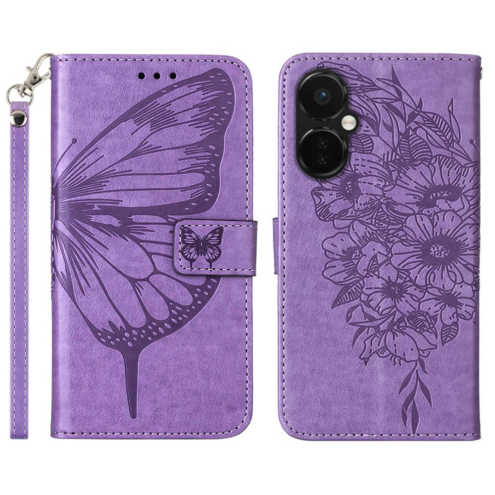 For OnePlus Nord CE 3 Lite 5G / Nord N30 5G Wallet Case with Wrist Strap Butterfly Imprint Leather Phone Cover