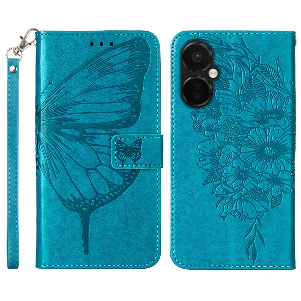 For OnePlus Nord CE 3 Lite 5G / Nord N30 5G Wallet Case with Wrist Strap Butterfly Imprint Leather Phone Cover