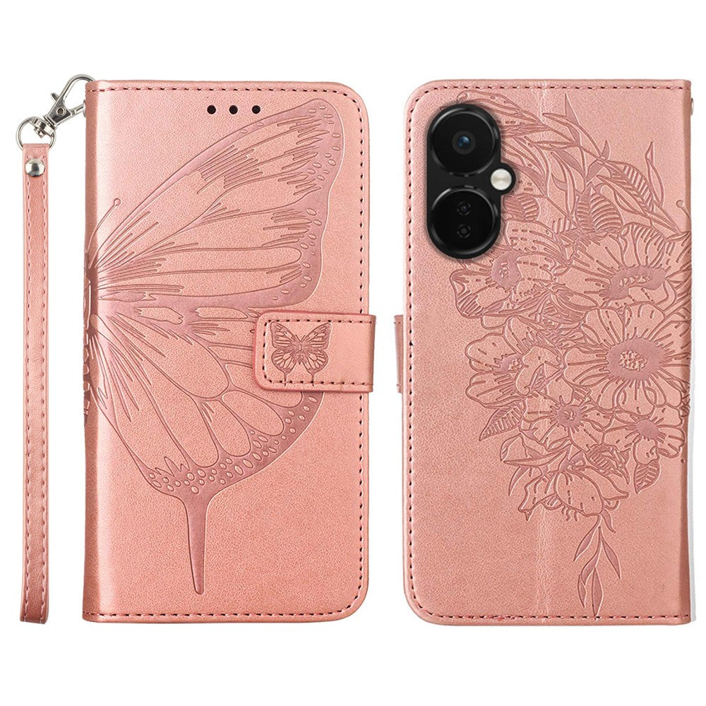 For OnePlus Nord CE 3 Lite 5G / Nord N30 5G Wallet Case with Wrist Strap Butterfly Imprint Leather Phone Cover