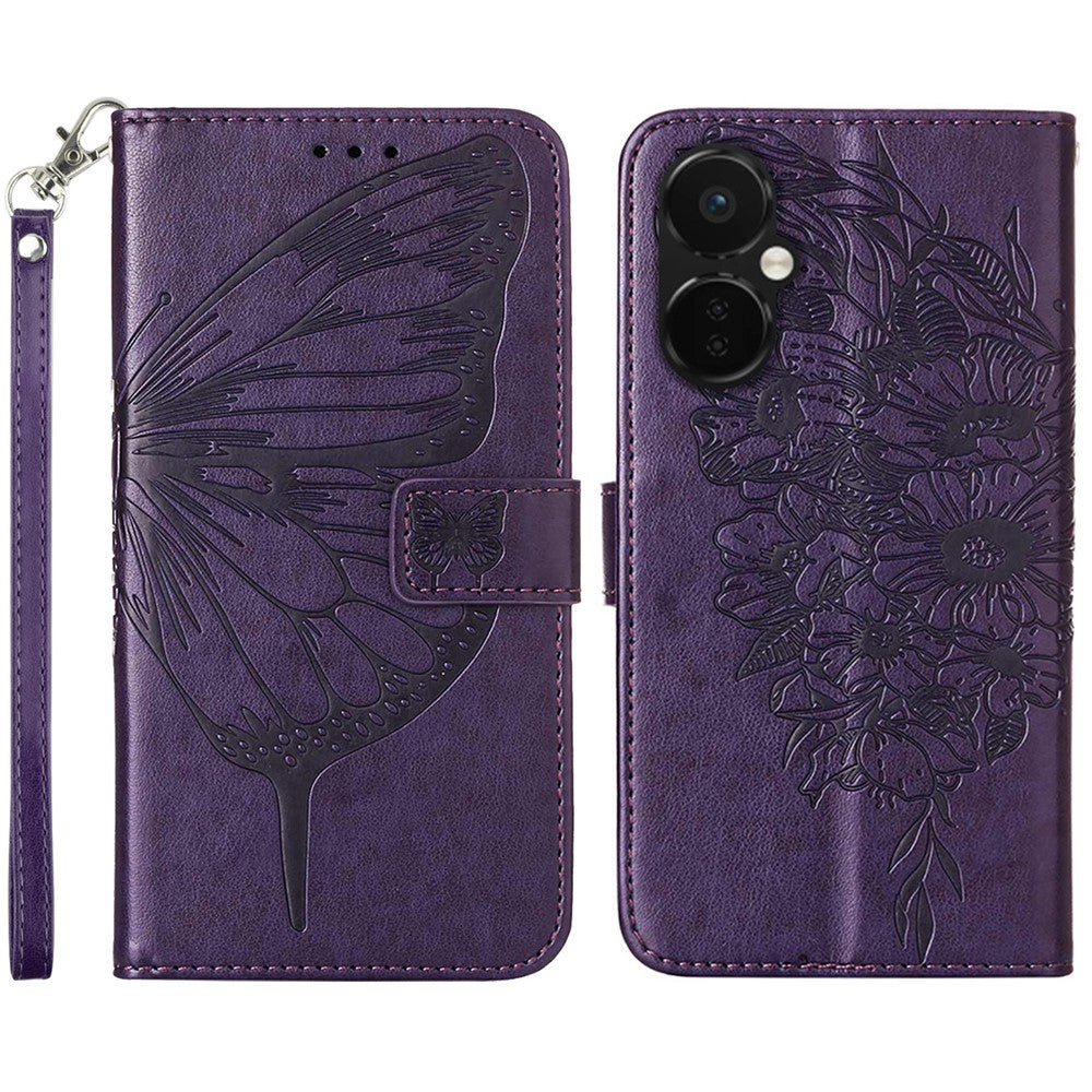 For OnePlus Nord CE 3 Lite 5G / Nord N30 5G Wallet Case with Wrist Strap Butterfly Imprint Leather Phone Cover