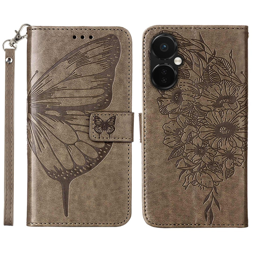 For OnePlus Nord CE 3 Lite 5G / Nord N30 5G Wallet Case with Wrist Strap Butterfly Imprint Leather Phone Cover