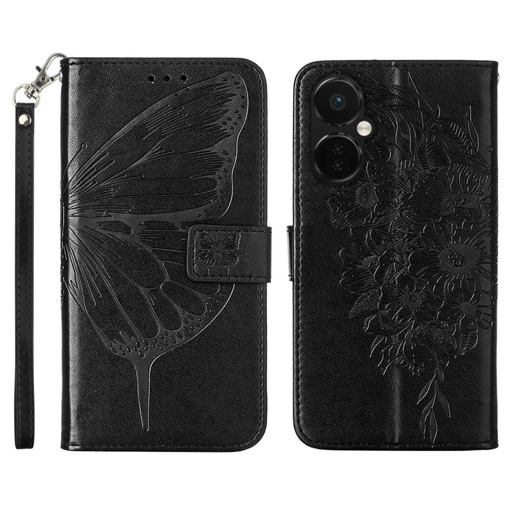 For OnePlus Nord CE 3 Lite 5G / Nord N30 5G Wallet Case with Wrist Strap Butterfly Imprint Leather Phone Cover