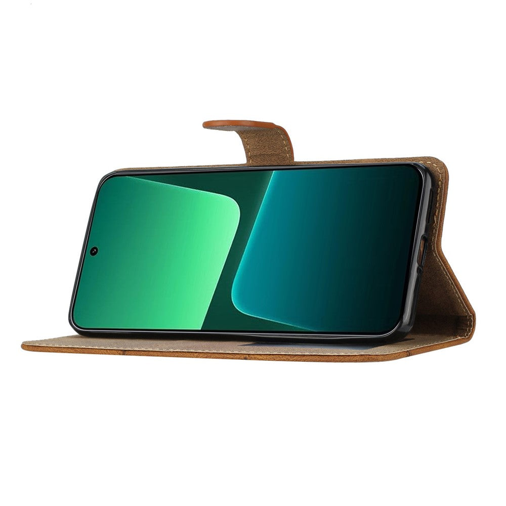 Xiaomi 13 Pro 5G plånboksfodral med Crazy Horse-läderstruktur, präglade linjer, vikbart stativ och rem