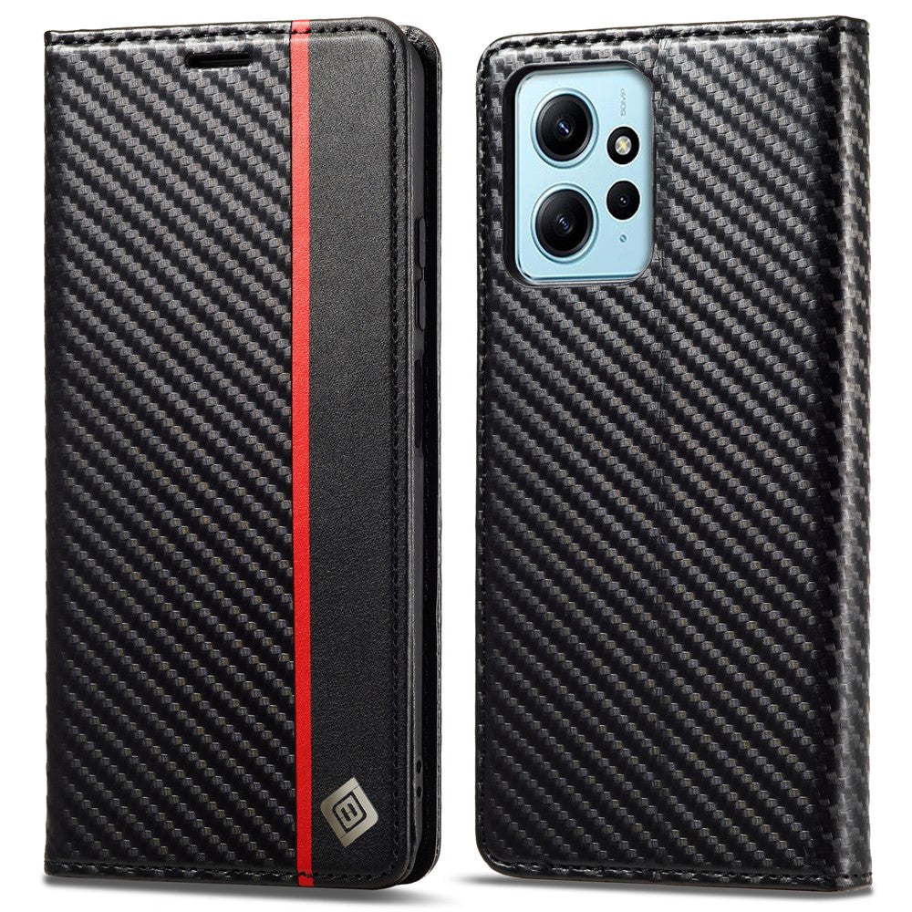 LC.IMEEKE Läderfodral för Xiaomi Redmi Note 12 4G, Kolfiberstruktur, Plånboksfodral, Stativ