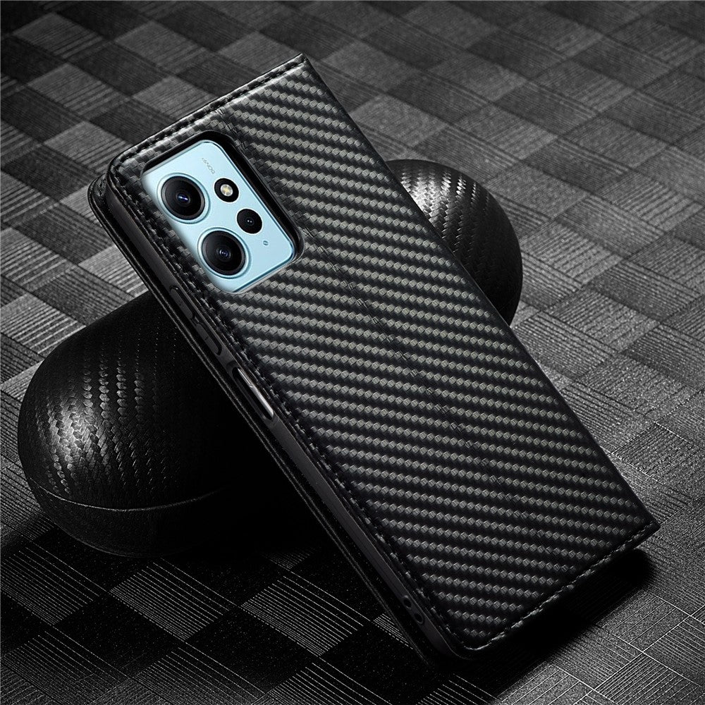 LC.IMEEKE Läderfodral för Xiaomi Redmi Note 12 4G, Kolfiberstruktur, Plånboksfodral, Stativ