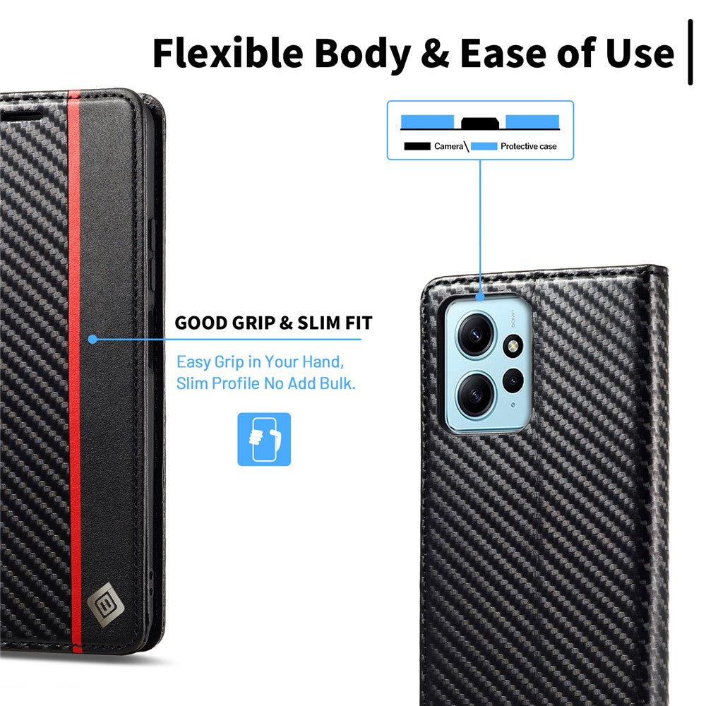 LC.IMEEKE Läderfodral för Xiaomi Redmi Note 12 4G, Kolfiberstruktur, Plånboksfodral, Stativ