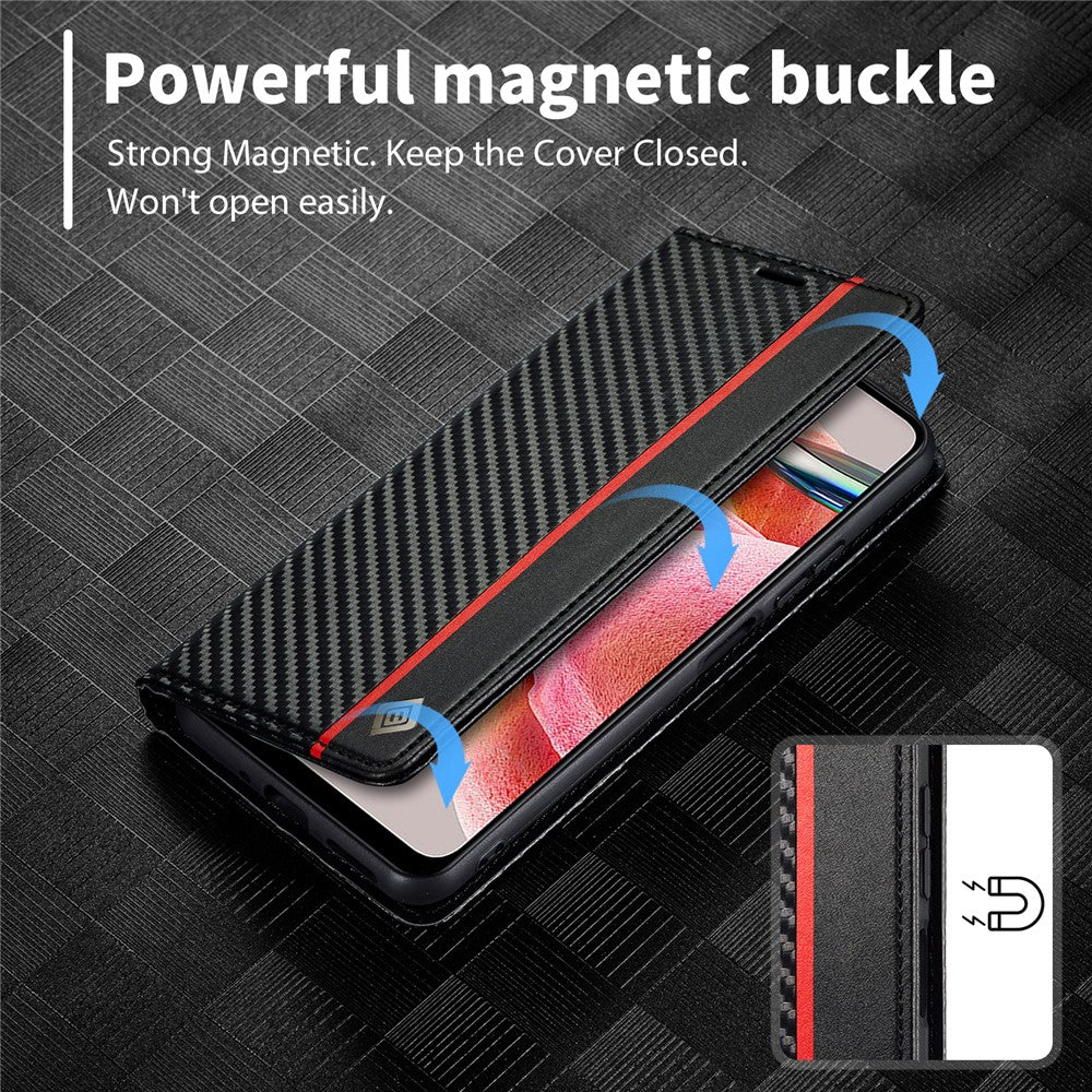 LC.IMEEKE Läderfodral för Xiaomi Redmi Note 12 4G, Kolfiberstruktur, Plånboksfodral, Stativ