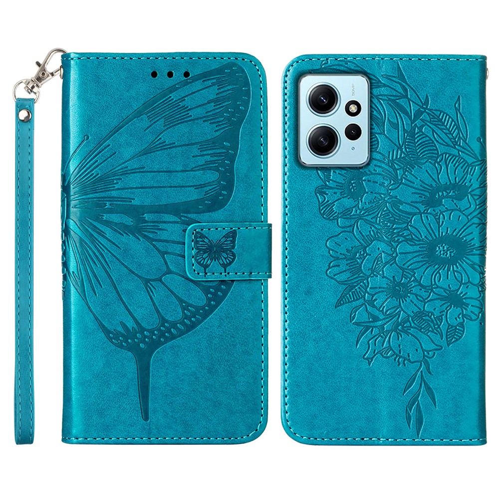 For Xiaomi Redmi Note 12 4G Wallet Case with Wrist Strap Butterfly Imprint Leather Phone Cover