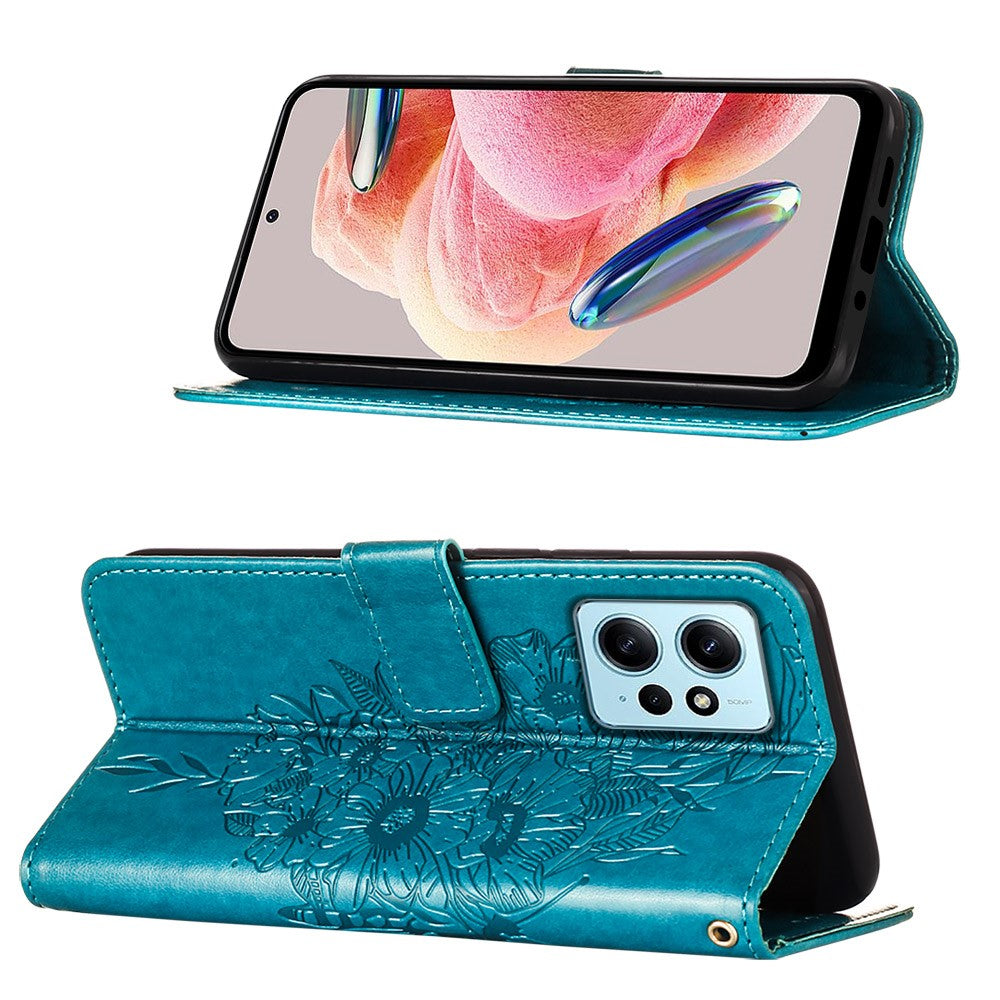 For Xiaomi Redmi Note 12 4G Wallet Case with Wrist Strap Butterfly Imprint Leather Phone Cover