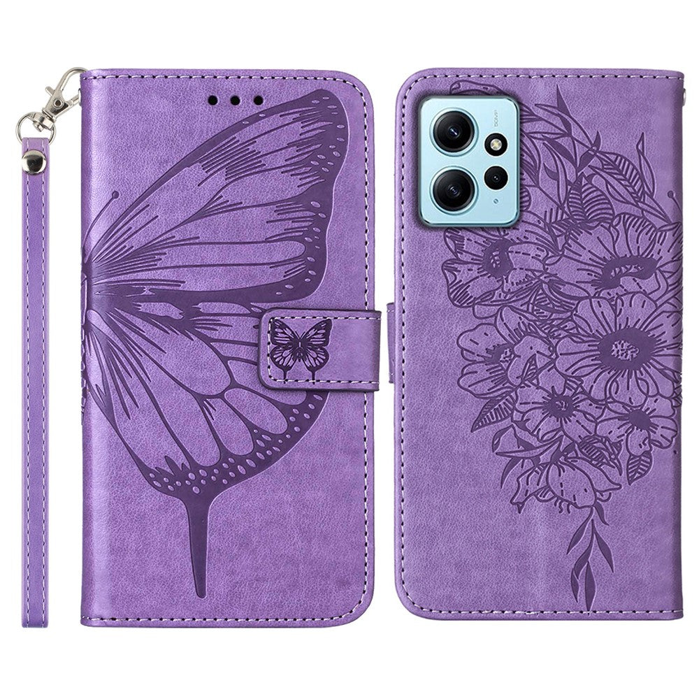 Xiaomi Redmi Note 12 4G Plånboksfodral med Handledsrem Läderfodral med Fjärilstryck