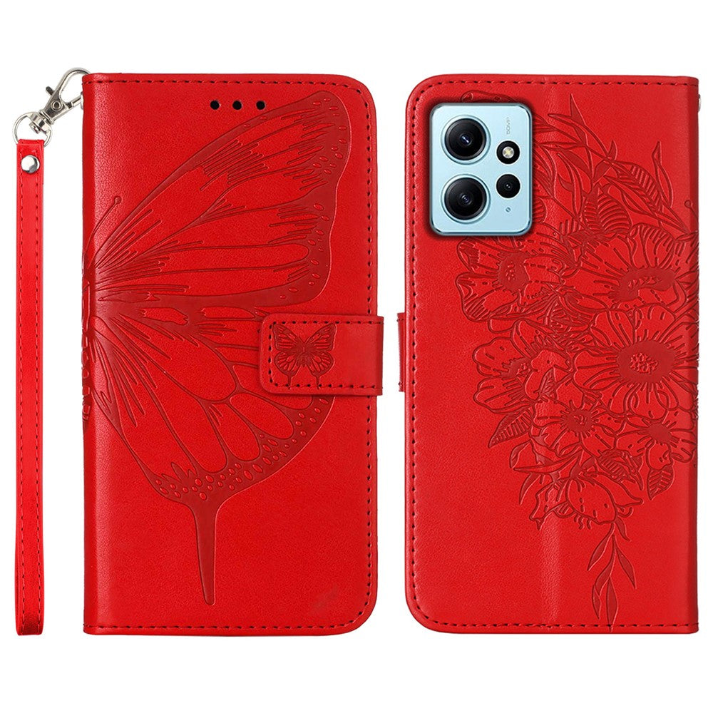 Xiaomi Redmi Note 12 4G Plånboksfodral med Handledsrem Läderfodral med Fjärilstryck