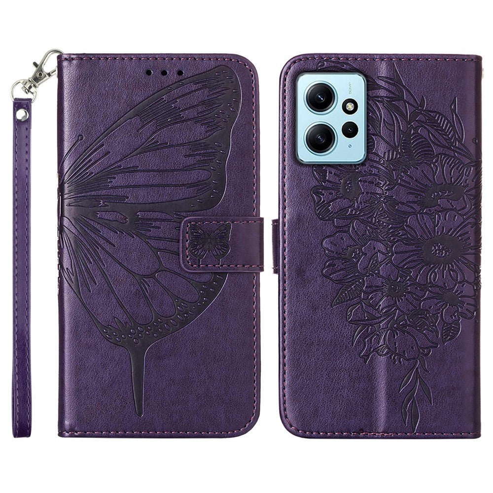 Xiaomi Redmi Note 12 4G Plånboksfodral med Handledsrem Läderfodral med Fjärilstryck