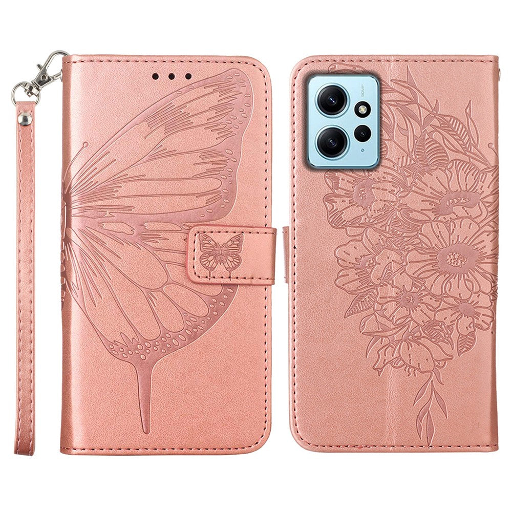 Xiaomi Redmi Note 12 4G Plånboksfodral med Handledsrem Läderfodral med Fjärilstryck