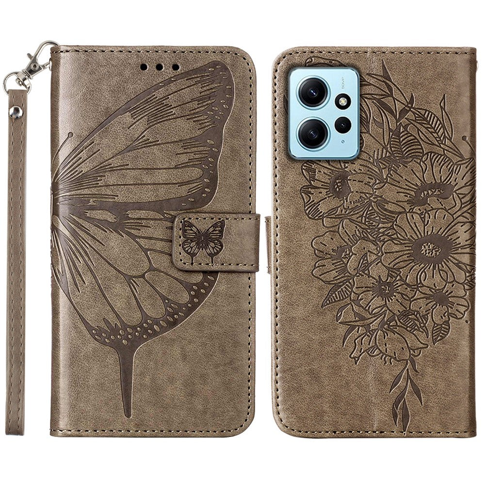 Xiaomi Redmi Note 12 4G Plånboksfodral med Handledsrem Läderfodral med Fjärilstryck