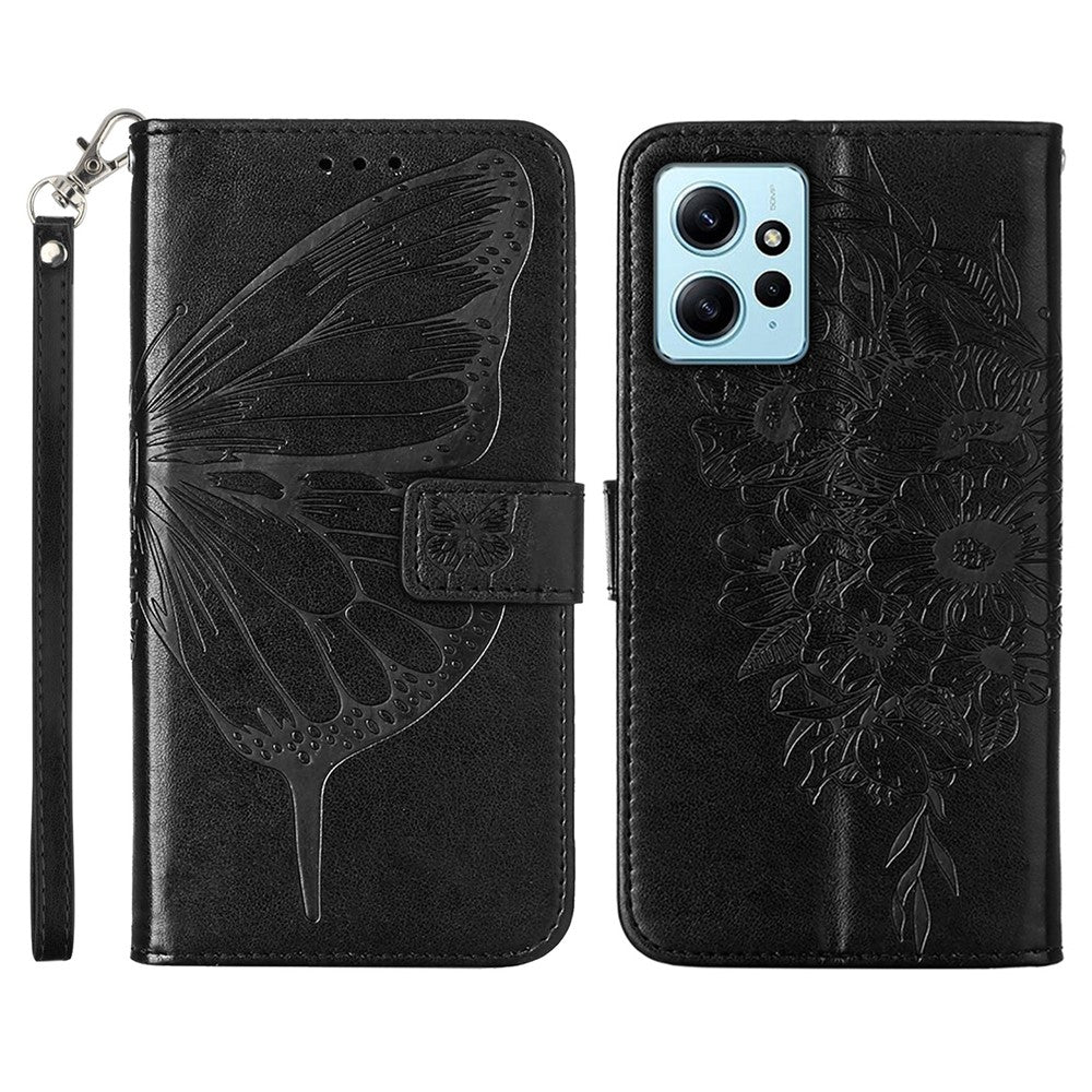 Xiaomi Redmi Note 12 4G Plånboksfodral med Handledsrem Läderfodral med Fjärilstryck