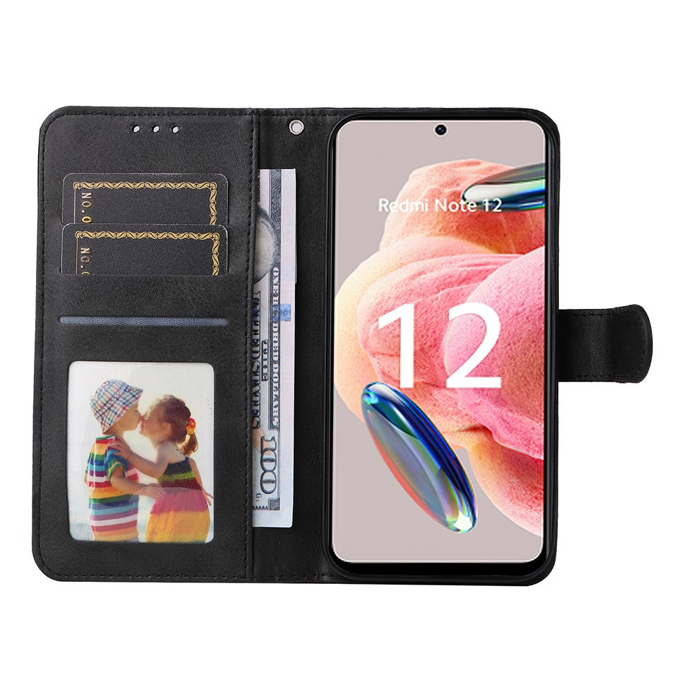 For Xiaomi Redmi Note 12 4G Calf Texture Leather Phone Case Stand Wallet Phone Cover with Strap