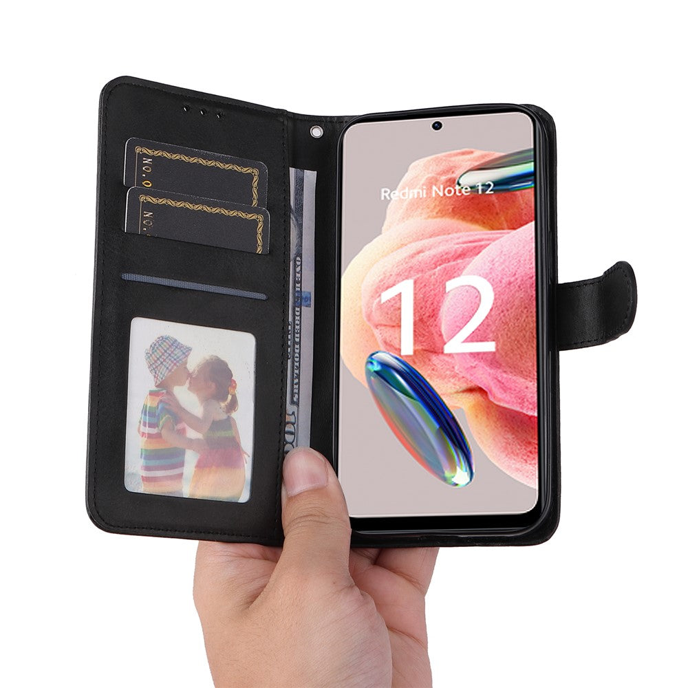 Xiaomi Redmi Note 12 4G Kalvtexturerat Lädermobilskal Stativ Plånboksfodral med Rem