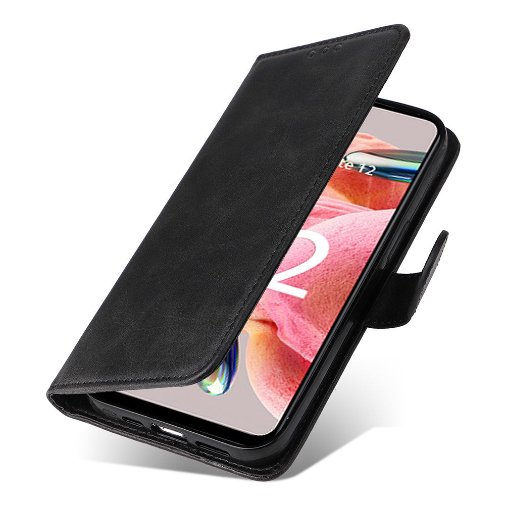 Xiaomi Redmi Note 12 4G Kalvtexturerat Lädermobilskal Stativ Plånboksfodral med Rem
