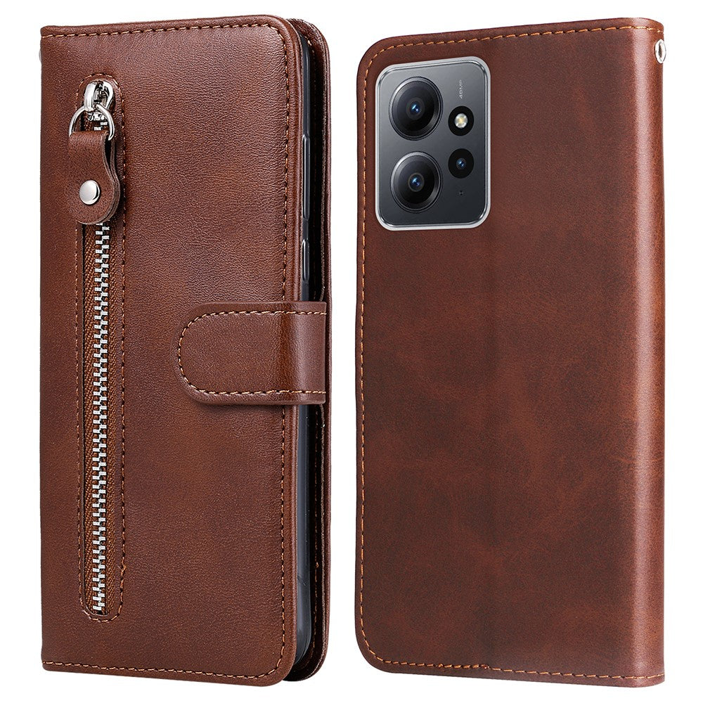 For Xiaomi Redmi Note 12 4G Zipper Pocket Leather Case Calf Texture Stand Wallet Phone Cover