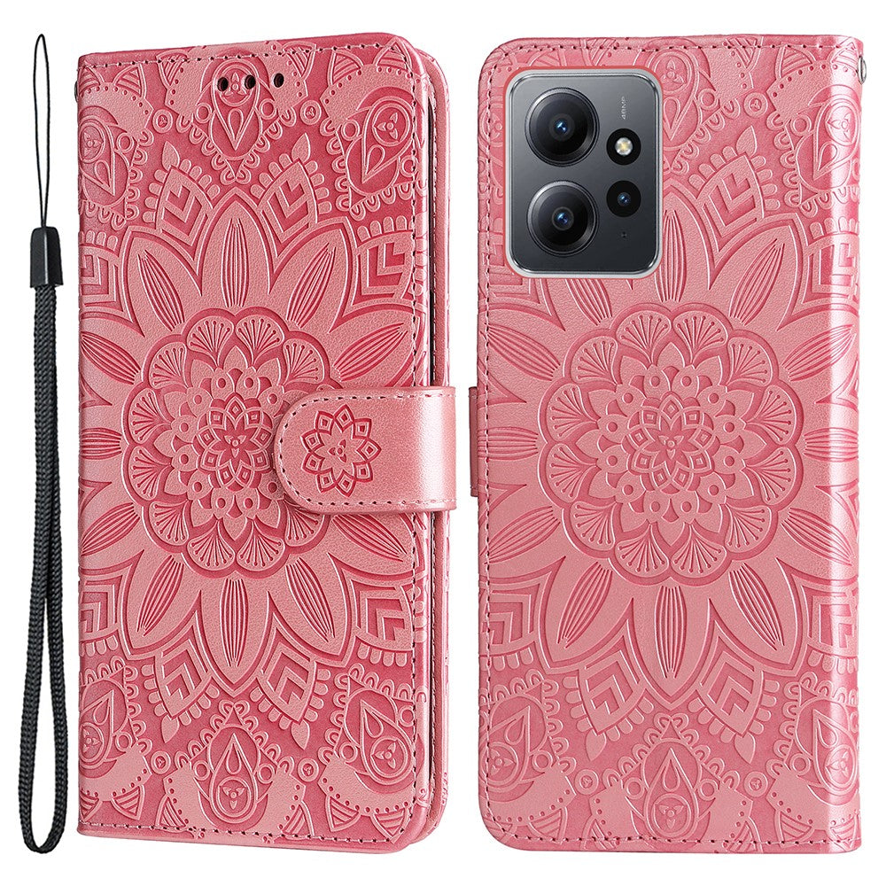 For Xiaomi Redmi Note 12 4G Phone Wallet Case PU Leather Sunflower Imprinted Stand Cover with Strap