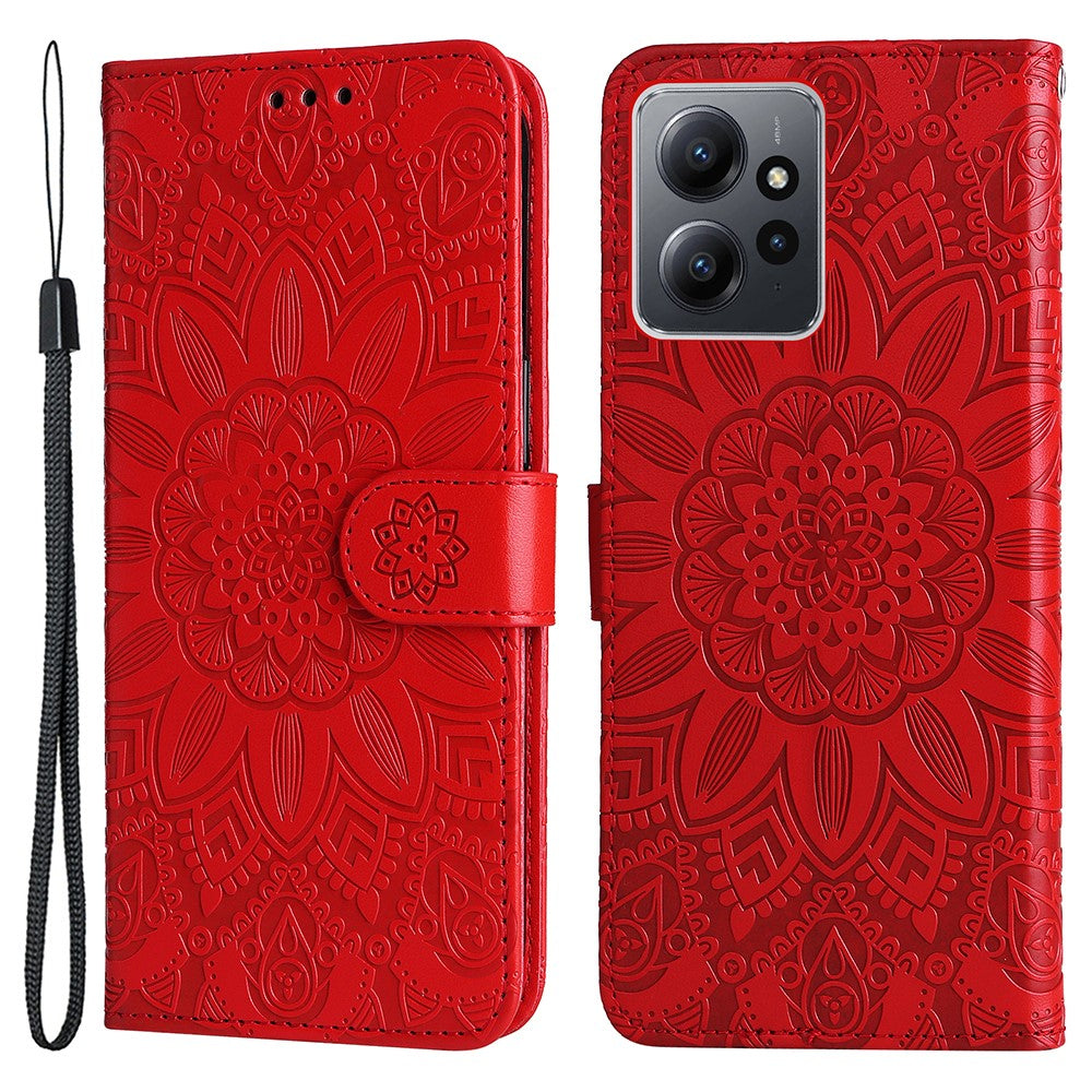 For Xiaomi Redmi Note 12 4G Phone Wallet Case PU Leather Sunflower Imprinted Stand Cover with Strap
