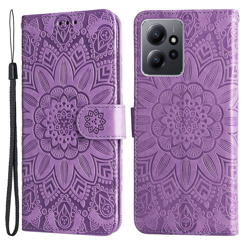 For Xiaomi Redmi Note 12 4G Phone Wallet Case PU Leather Sunflower Imprinted Stand Cover with Strap