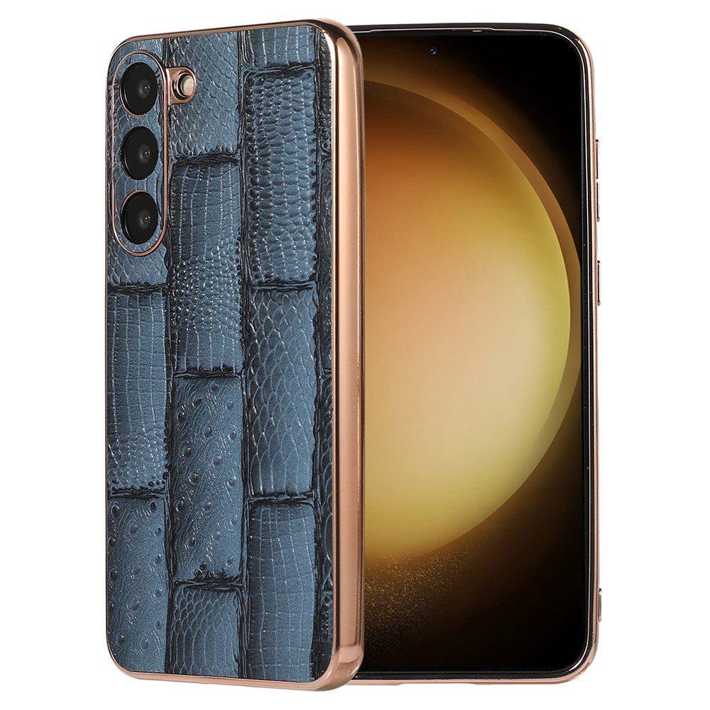 For Samsung Galaxy S23+ Nano Electroplating Mahjong Texture Phone Case Genuine Cowhide Leather+PC+TPU Cover