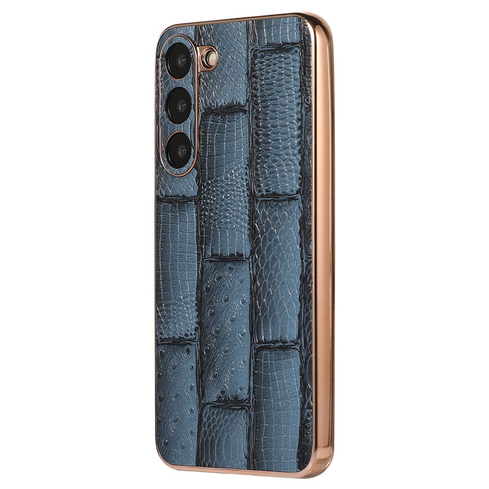 For Samsung Galaxy S23+ Nano Electroplating Mahjong Texture Phone Case Genuine Cowhide Leather+PC+TPU Cover